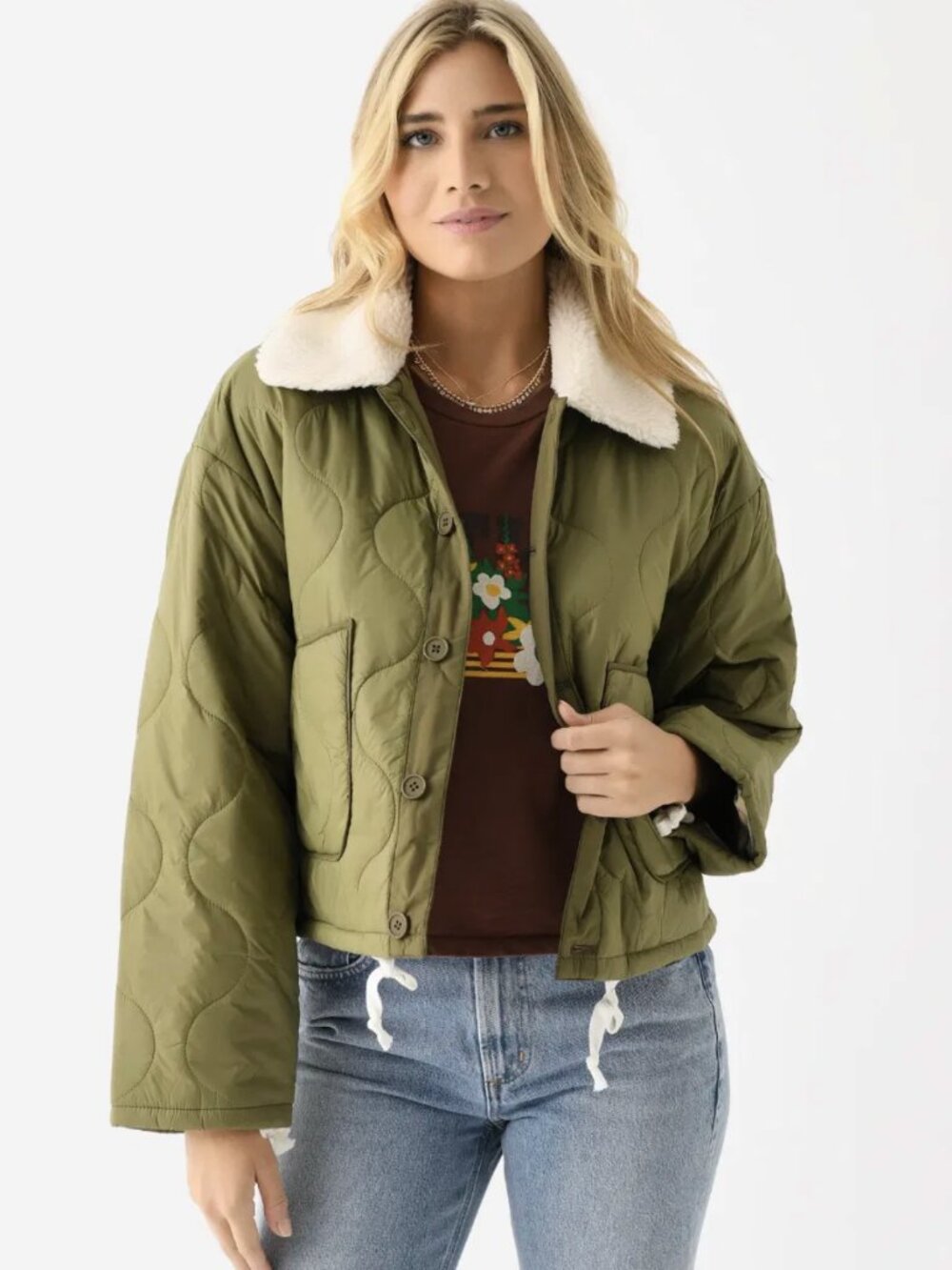 MOTHER The Army Brat Quilted Jacket Sherpa Collar Olive Green Size XS